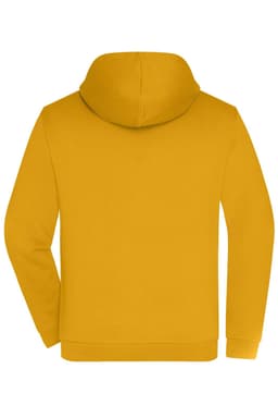 A men's zip hoodie in a vibrant yellow colour, featuring a hood and a logo.