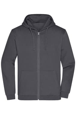 A dark grey zip hoodie featuring a front zipper, hood, and pockets, with a logo on the front.
