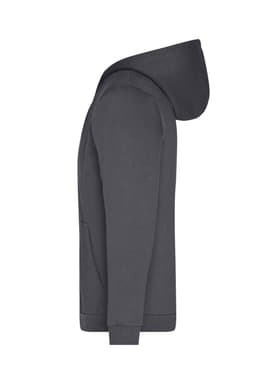 A men's zip hoodie in dark grey, featuring a hood and kangaroo pocket, with a logo on the front.