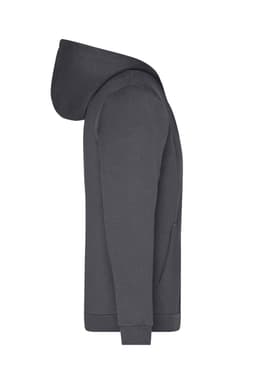 A men's zip hoodie in dark grey, featuring a hood and a front pocket. Includes a logo on the garment.