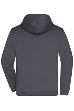 A grey men's zip hoodie featuring a hood and a back view design. It has a logo on the hoodie.