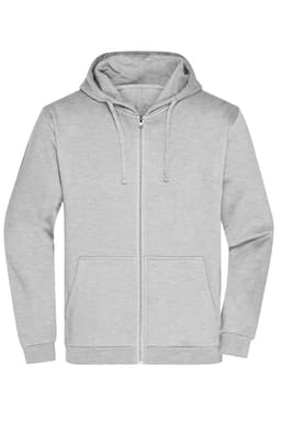 A grey zip hoodie featuring a hood and front pockets, with a logo on the chest area.
