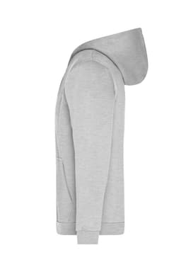 A grey men's zip hoodie featuring a hood and a front pocket. It has a logo on one side.