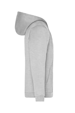 A grey men's zip hoodie featuring a hood and side pockets, with a discreet logo.