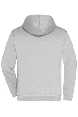 A grey men's zip hoodie featuring a hood and long sleeves, with a branding logo on the back.