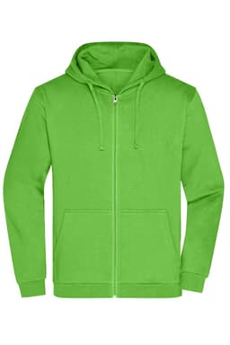 A green men's zip hoodie with a front zipper and a hood, featuring a spacious front pocket and a logo.