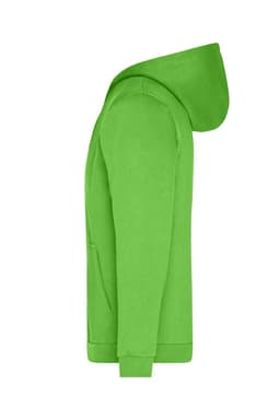 A green zip hoodie with a hood and a front pocket, featuring a logo on the side.