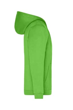 A bright green men's zip hoodie with a hood and kangaroo pocket, featuring a logo on the front.