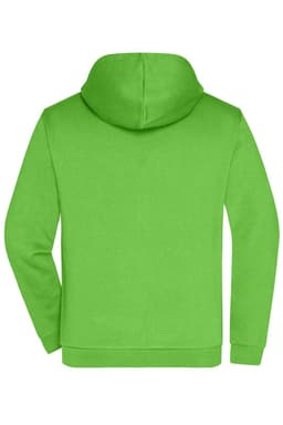 A bright green zip hoodie for men featuring a hood and a back view. It includes a logo on the garment.