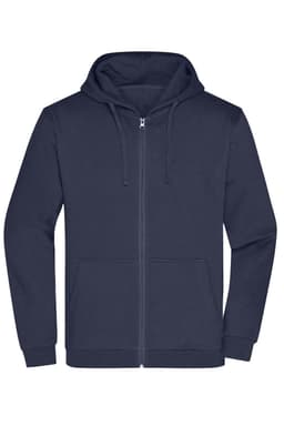 A navy blue men's zip hoodie featuring a front pocket and a hood, with a small logo on the chest.
