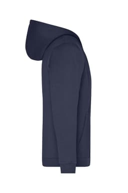 A navy blue men's zip hoodie with a hood and a front pocket, featuring a logo.