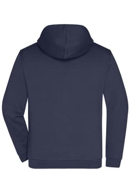 A men's zip hoodie in navy blue with a hood, featuring a plain back design and an attached zipper.