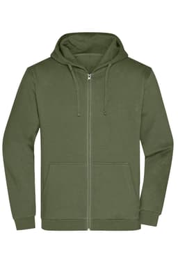 A green men's zip hoodie featuring a front zipper and a kangaroo pocket, showcasing a simple design.