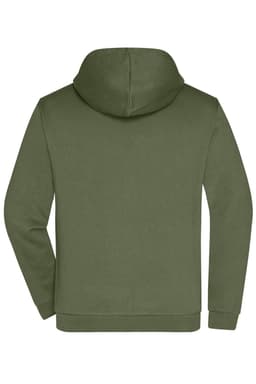 A green men's hoodie with a zip, featuring a hood and long sleeves, displayed from the back. It has a branding logo.