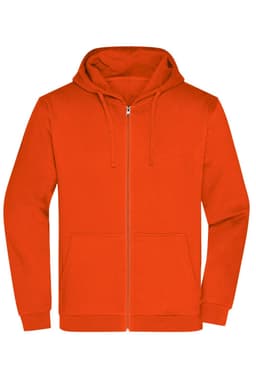 An orange zip hoodie featuring a front pocket and a hood, with a logo present on the design.