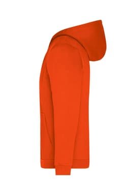An orange men's zip hoodie with a hood and a front pocket. Features a logo on the garment.