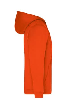 An orange zip hoodie with a hood and a front pocket, featuring a small logo.