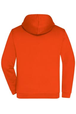 An orange men's zip hoodie featuring a hood and long sleeves, with a logo on the back.