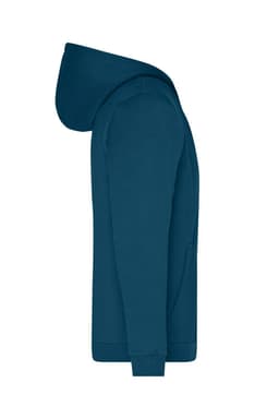 A men's zip hoodie in teal, featuring a hood and a front pocket, with a branding logo.