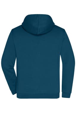 A men's zip hoodie in a deep teal colour, featuring a hood and a simple design, with a logo on the back.