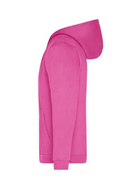A pink zip hoodie with a hood and front pocket, featuring a logo.
