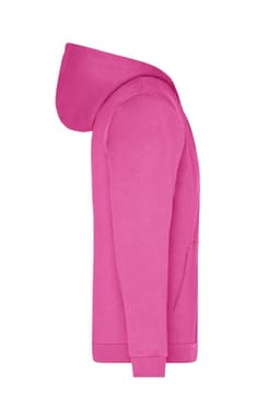 A pink men's zip hoodie featuring a hood and a front pocket, with a logo on it.