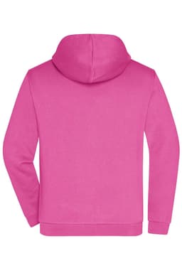 A pink men's zip hoodie with a hood and a back view. The garment features a simple design and includes a logo.