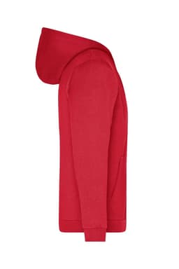 A red men's zip hoodie featuring a hood and a front pocket, with a simple design and branding.