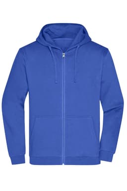 A blue men's zip hoodie featuring a hood and front pockets, with a branded logo.