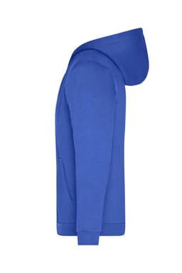 A blue zip hoodie featuring a hood and a front pocket, alongside a logo.
