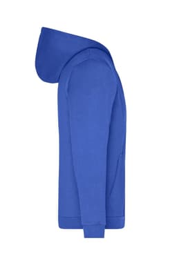A blue men's zip hoodie featuring a hood and a front pocket, with a logo present.