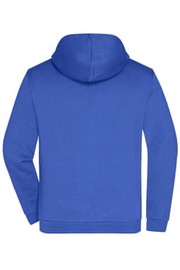 A blue men's zip hoodie with a hood, featuring a logo on the back.
