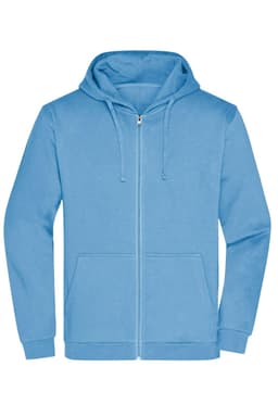 A blue zip hoodie for men with a front pocket and a hood, featuring a logo on the chest.