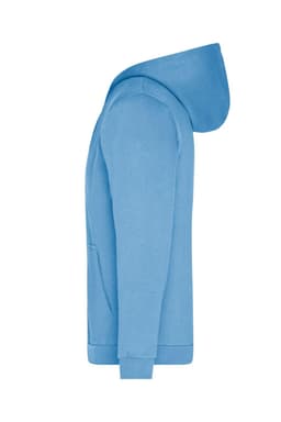 A blue men's zip hoodie with a hood and a front pocket, featuring a branding logo.