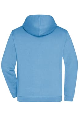 A blue men's zip hoodie featuring a hood and long sleeves, with a plain back design and a branding logo.