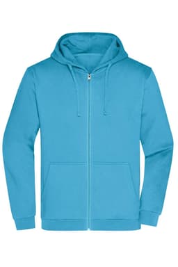 A turquoise zip hoodie featuring a front zipper, drawstrings, and a pocket, with a logo on the chest.