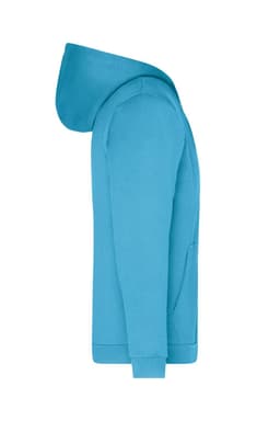 A turquoise men's zip hoodie featuring a hood and front pocket, with one logo visible.