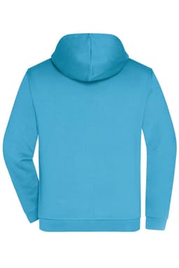 A blue men's zip hoodie featuring a hood and a simple design, with a logo on the back.