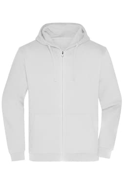 A white zip hoodie featuring a front zipper, two pockets, and a hood. It has a logo on the front.