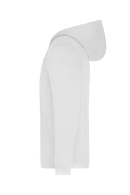 A white men's zip hoodie with a hood and long sleeves, featuring a side view and a branded logo.
