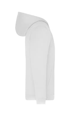 A white men's zip hoodie featuring a hood and side pocket, with a branding logo on the garment.