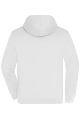 A white zip hoodie featuring a hood and a plain back, with a logo on the front.