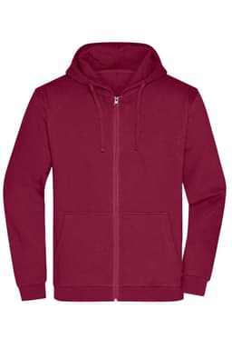 A maroon zip hoodie featuring a front pocket and a drawstring hood, with a logo placed on it.