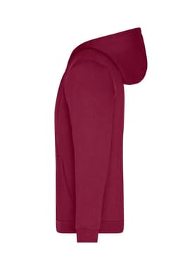 A maroon men's zip hoodie featuring a hood and kangaroo pocket, with a logo on the chest.