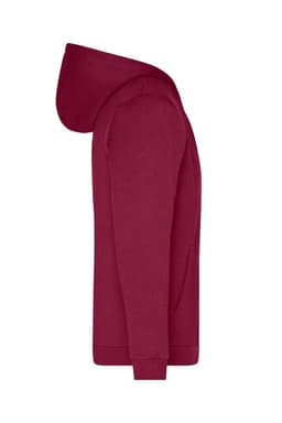 A red men's zip hoodie featuring a hood and a front pocket, with branding.