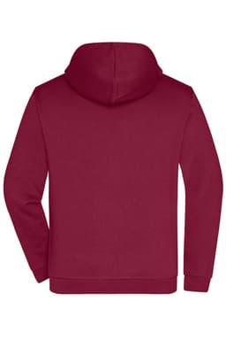 A maroon men's zip hoodie with a hood, featuring a simple design and a logo on the back.