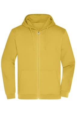 A men's zip hoodie in a bright yellow colour, featuring a hood and front pockets. It includes a logo or branding.