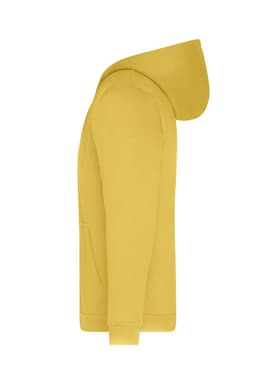 A yellow men's zip hoodie featuring a hood and a front pocket, designed as a promotional product.