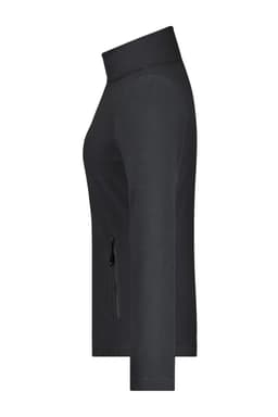 A side view of a black ladies basic fleece jacket featuring a zip pocket and a high collar. It has a simple design and includes a logo.