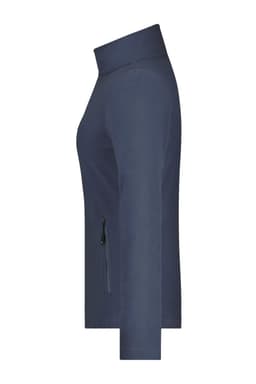 A navy polar fleece jacket featuring a high collar and a side zip pocket. The jacket has a simple, fitted design.